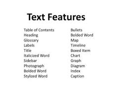 Table Of Contents Heading Glossary Labels Title Italicized Word Sidebar Photograph Bolded Word Stylized Word Bullets Informational Text Text Features Word Map