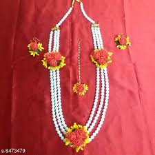 Haldi, baby shower, mehndi godbharai necklace set with earrings/maang teeka/bangles/ring $21.99 youbella jewellery bollywood ethnic bridal wedding traditional floral gota patti indian necklace set, earrings, bracelet and maang tiika for women haldi and mehendi. Buy Checkout This Latest Jewellery Set Product Name Bridal Wedding And Baby Shower Flower Jewellery Set 2 For Rs496 Cod And Easy Return Available