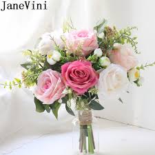 Janevini Romantic Pink Flower Bride Hand Bouquet Artificial Rose Wedding Bouq Wedding Bouquets Pink White Roses Wedding Decorations Purple Wedding Centerpieces