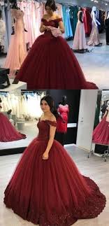 Lovely Lace Appliques Prom Gowns V Neck Off Shoulder Prom Dresses Tulle Maroon Wedding Dress Ball Gowns By Ai Princess Prom Dresses Sweet 16 Dresses Ball Gowns