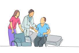 un seul dessin d'un jeune médecin de sexe masculin aidant un vieux patient  à se rendre en fauteuil roulant depuis un lit d'hôpital. concept de service  de soins de santé à la