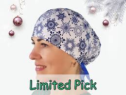 Christmas Snowflakes Scrub Cap, Women Ponytail Surgical Hat