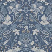 Folk Floral 10m X 53cm Wallpaper Roll Blue Floral Wallpaper Grey Wallpaper Floral Wallpaper