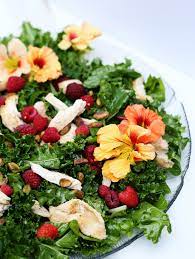 Kale Salad With Raspberries And Edible Flowers Recipe Healthy Salad Recipes Kale Salad Salad