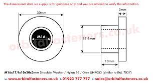M16 X 17 9 X 10l X 30mm Nylon Shoulder Insulating Isolation Washer Grey Orbital Fasteners