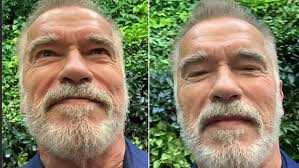 Arnold Schwarzenegger, 71, shows off rugged grey beard in London while  encouraging fans to go vote