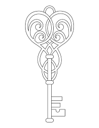 A outline of a key; Printable Heart Skeleton Key Coloring Page