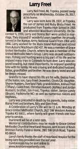 Documents: Obituary- Freel, Larry: Rossville Kansas area genealogy