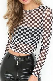 Black And White Checkered Tank Top Black White Checker Print Long Sleeve Sheer Crop Top White Fashion Tops Checkered Outfit Long Sleeve Crop Top
