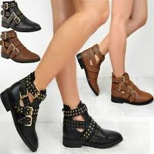 Details About Womens Black Punk Biker Flat Ankle Boots Rock Strappy Studded Ladies New Size