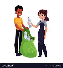 Men collect plastic bottles into garbage bags Vector Image