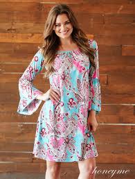 Honeyme Clothing Usa Paisly Tunic Bell Sleeves Dress Aqua Fuchsia Ohio Aqua Dress Clothes Bell Sleeve Dress