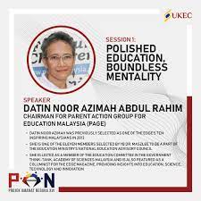 Datin noor azimah abdul rahim is the chairman of parent action group for education malaysia, an educational lobby group that serves as a channel between concerned parents, the ministry of education and other educational stakeholders. Ukec On Twitter Our First Panellist For This Session Is Datin Noor Azimah Abdul Rahim She Is The Chairman Of The Parent Action Group For Education Page And One Of The 11