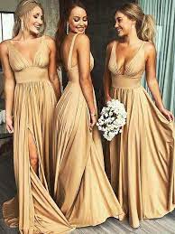 Robe Maxi Longue Fendu Le Cote Bretelle Fluide V Cou Elegant Demoiselles D Honneur Doree Tenue Demoiselle D Honneur Demoiselle D Honneur Mariage Robes D Honneur