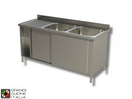 The top and back of the. Cabinet Sink Unit Sliding Doors Aisi 304 Length 140 Cm Width 60 Cm Left Drainer Double Basin Bottom Shelf