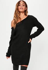 Black Off Shoulder Knitted Jumper Dress Missguided Cute Sweater Dresses Sweater Dress Knitted Jumper Dress