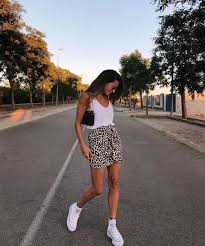 Black And White Cheetah Print Skirt Cheetah Print Skirt And White Tank Top With High Top White Sneakers Visit Daily Dress Me At Dailydressme Com For Fashion Miniskirt Outfits Leopard Print Skirt