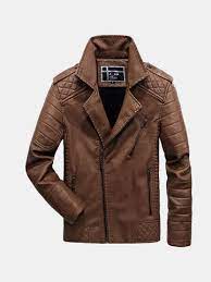 Mens Pu Leather Wear Resistant Jacket Fleece Lined Warm Zipper Fashion Casual Coat