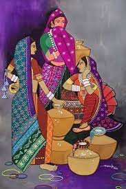 A Group Of Milk Maids Is Exhibited In This Artwork Who Are Employed In Making Dairy Products From Milk Indian Art Paintings Indian Folk Art Rajasthani Art
