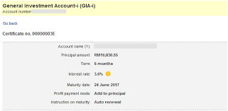 You can choose from one month to sixty if you have a maybank2u.com account you can make your investment online, just log in, open an account and transfer money. Maybank Egia I 3 45 P A