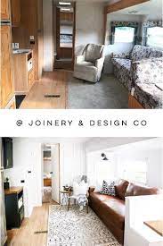 The cabinets and panels of this camper are blue. Kid Friendly Modern Rustic Camper Remodel Rustic Camper Remodel Remodeled Campers Diy Camper Remodel