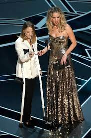 Why Was Jodie Foster On Crutches At The Oscars We Re Not Buying The Meryl Streep Story Jennifer Lawrence Photos Jodie Foster Golden Gown