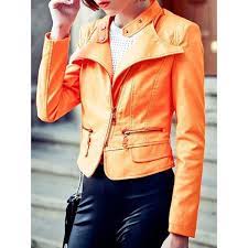 Relaxfeel Women S Slim Long Sleeved Collar Leather Jacket Orange Leather Jacket Collar Leather Jacket Orange Leather Jacket