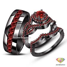 Black And Red Wedding Ring Sets Red Garnet Trio Wedding His And Her 14k Black Gold Fn Bridal Engagement Ring Set Aonebianco Band Engagement Ring Garnet Wedding Rings Bridal Engagement Rings