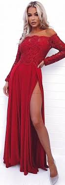 Modest Dark Red Off The Shoulder Prom Dresses With Sleeves Simple Long Sleeves Party D Prom Dresses Long With Sleeves Lace Evening Dresses Red Prom Dress Long