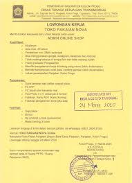 Surat lamaran pekerjaan biasanya dibuat secara resmi, baik tulis tangan maupun tidak. Disnakertrans Lowongan Staf Admin Online Shop Di Toko Pakaian Nova Panjatan