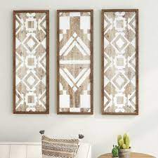 Flourish Ikat 3 Piece Graphic Art Print Set On Wrapped Canvas In Blue Natural Wood Decor Wooden Wall Decor Wood Wall Decor