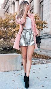 Black And White Striped Top Outfit Ideas How To Wear A Pair Of Striped Shorts Black Boots Black Bag White Top Pink Coat Trending Outfits Girly Outfits Daily Outfits