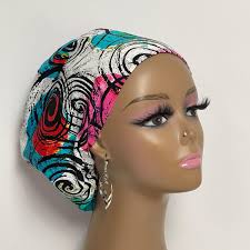 Niceroy Surgical Scrub Cap: Turquoise Spiral Ankara Print, Euro Style