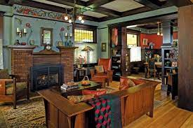 A Restored Bungalow In Portland Oregon Embellished With Friezes By Artist C J Arts And Crafts Interiors Arts And Crafts Living Room Craftsman Style Interiors