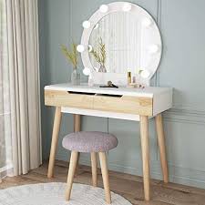 Amazon Com Tribesigns Vanity Set With Round Lighted Mirror Wood Makeup Vanity Dressing Table Dresser Desk With 2 Dr Vanity Table Set Vanity Set Dresser Table