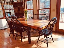 3 Thick Top Reclaimed White Pine Barn Wood Farm Table Custom Built With 5 Turned Legs Natural Color Top And Black Ba Reclaimed Barn Wood Farm Table Table