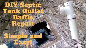 These chambers are separated by means of a dividing wall which has openings located about midway between the floor and roof of the tank. D J Septic Service Inc Diy Repair Broken Outlet Baffle In Septic Tank Facebook