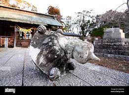 Stone-made lantern is collapsed at Soma Nakamura Jinja Shrinel at in Soma  City, Fukushima Prefecture on March 17, 2022. Tents are set. A powerful  magnitude-7.3 earthquake occurred at around 11:36 p.m. on