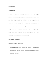 El sufragio constituye un derecho de carácter constitucional y político que incluye al denominado en los gobiernos democráticos, de todas formas, el sufragio está limitado por ciertas condiciones legales. El Sufragio Votacion Distrito Electoral