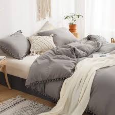 Grey Pom Pom Duvet Cover 3pc Set Boho Duvet Cover Full King Size Bedding Bohemian Duvet Cover Set Grey Bedding Queen Comforter Cover Gray Duvet Cover Light Grey Duvet Covers