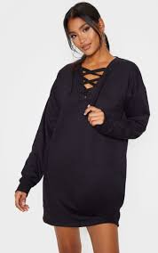 Black Lace Up Oversized Sweat Jumper Dress In 2020 Jumper Dress Womens Black Lace Jumper Dress