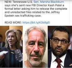 How dumb Sen. Marsha Blackburn is not to know that adjudicated rapist and  convicted criminal Trump would stop Patel from releasing the case of sex  trafficking?