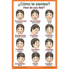 spanish language school poster words about feelings wall chart for home and classroom bilingual spanish and english text