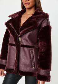 Missguided Wine Faux Fur Sleeve Aviator Jacket Coats For Women Coats Jackets Women Oversized Denim Jacket