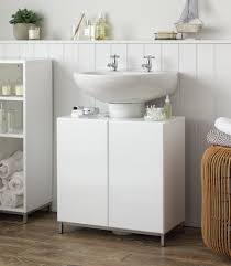 High gloss white lacquer finish is great for wet space like bathroom as it has strong characteristics in water proof and moisture proof. White Gloss Under Sink Bathroom Cabinet Decoomo