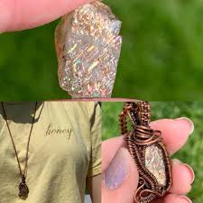Stunning unique jewellery featuring rainbow lattice sunstone, showing off the best this gem can be. I Learned About Rainbow Lattice Sunstone On This Sub Set Out To Get One This Baby Was About 90 I Commissioned A Friend To Wire Wrap It For Me Crystals