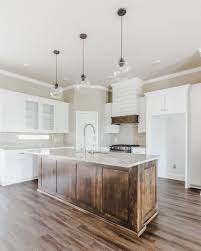 Modern White Rustic Kitchen With Dark Stained Island And Custom Shiplap Hood Stained Kitchen Cabinets Shiplap Kitchen White Oak Kitchen