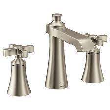 Widespread faucets fit sinks with 3 holes where the outer 2 holes measure 8 inches apart from center to center. Moen Flara 8 Inch Widespread 2 Handle High Arc Bathroom Faucet In Brushed Nickel Valve So The Home Depot Canada