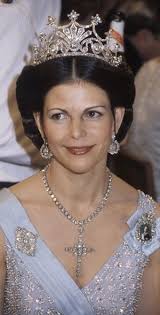 Queen Silvia of Sweden wearing jewels from the royal collection