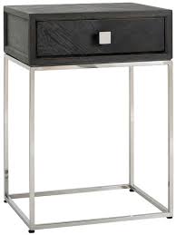 Marquetry inlaid round side table with brass galley rail & 1 drawers. Blackbone Black Oak And Silver 1 Drawer Bedside Table